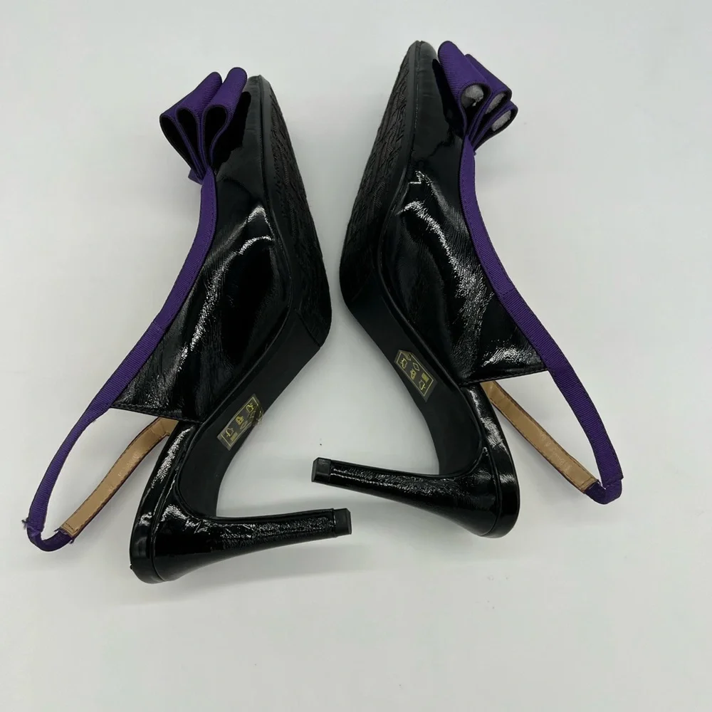 J Renee Marva Slingback Size 7 M Black Patent Leather Purple Bow - Picture 11 of 16